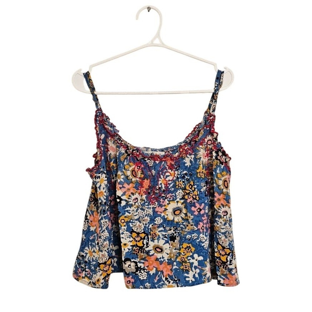 Natural Life Floral Embroidered Camisole Tank Top Blue Pink Boho Rayon Medium